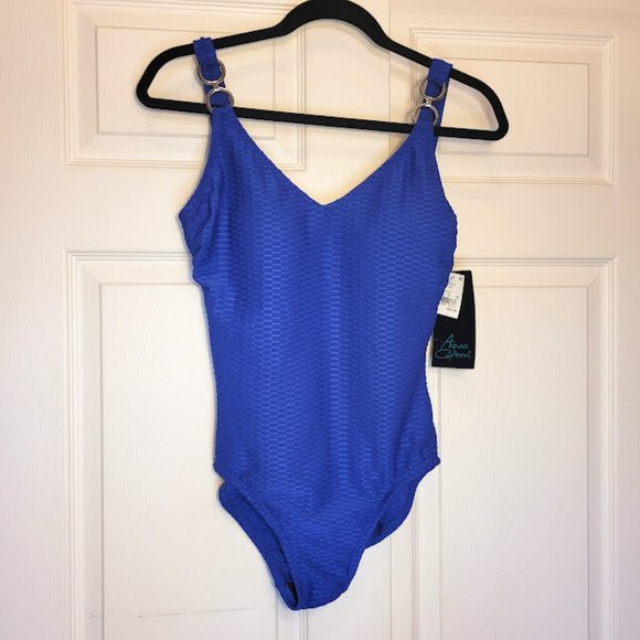 Aqua Green Other - NWT Aqua Green Medium Swim Suit Dark Blue Textured One Piece Bathing Suit Silver